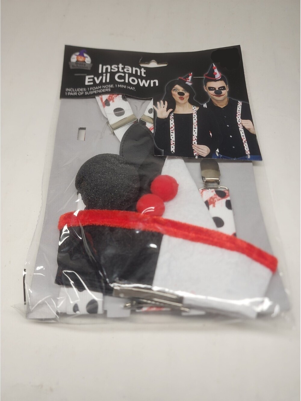 Evil Clown 3 pc Halloween Costume Set size OSFM Suspenders Clown Nose Hat  NEW